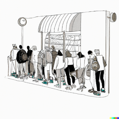 Line of people in front of a store